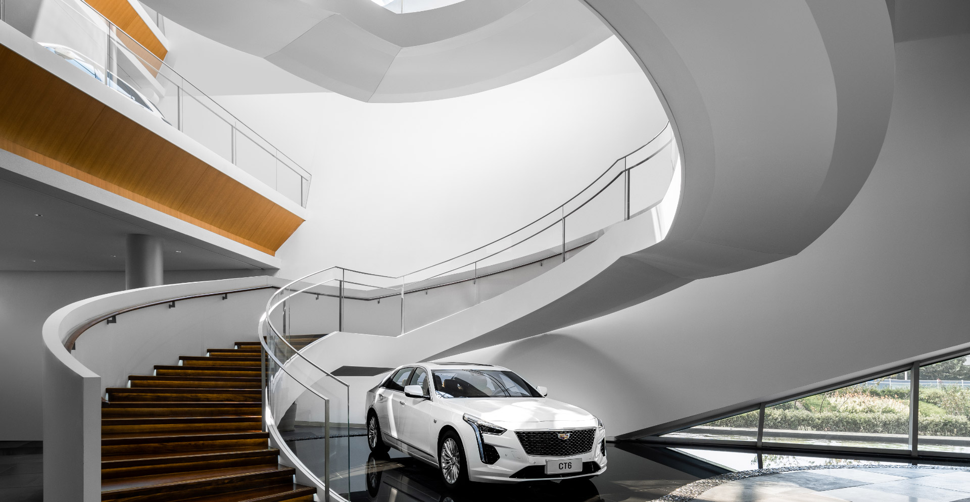 A white car parked on a staircase.