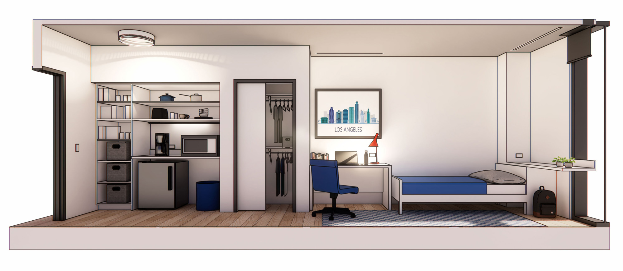A room with a bed desk and a chair.