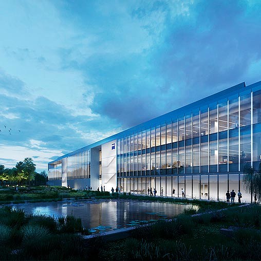A building with a glass front.