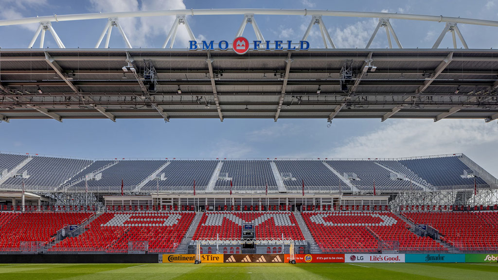 A large empty sports stadium.