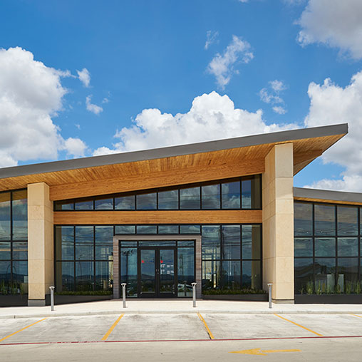 A building with glass windows.
