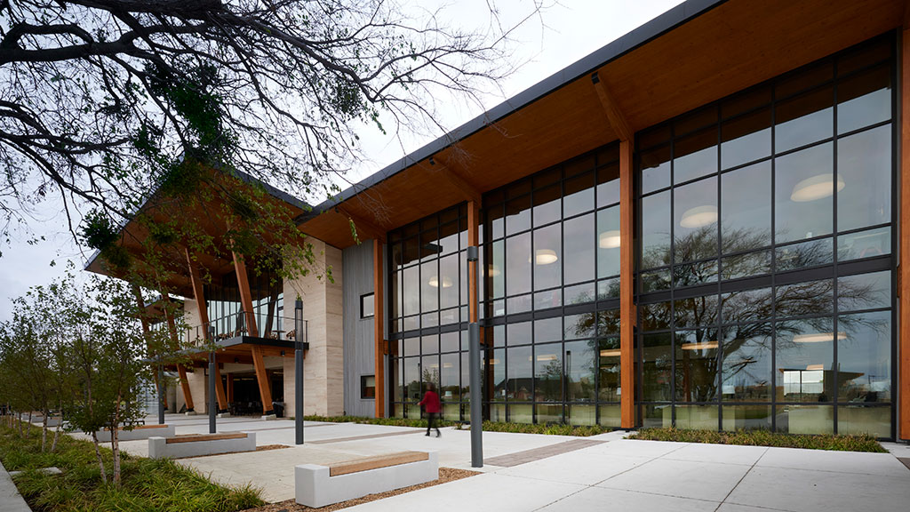 A building with glass windows.