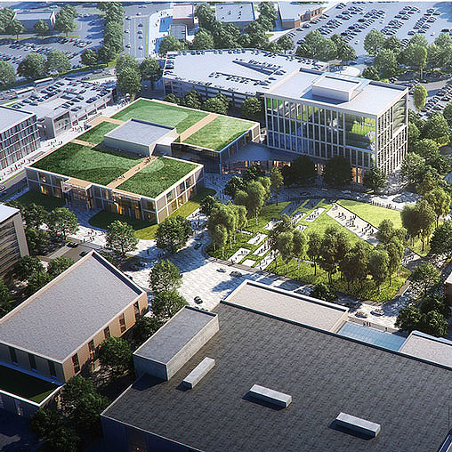 Aerial view of a campus.