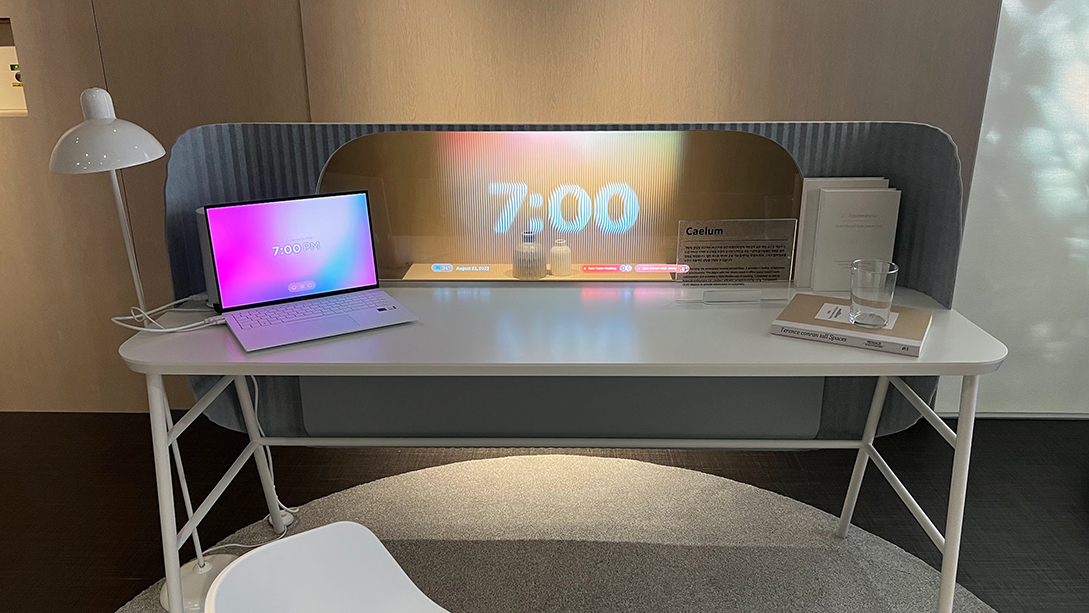 A laptop on a table.