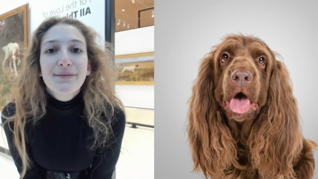 A collage of a girl and a dog.