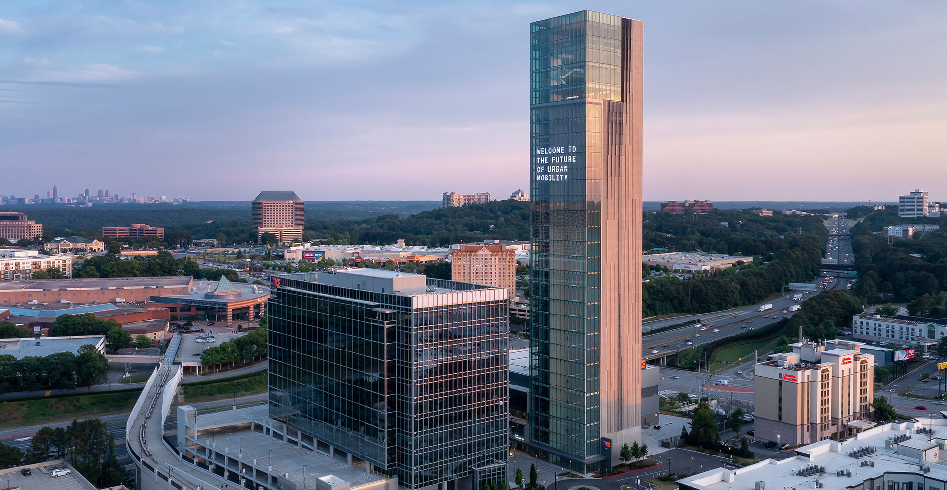 A tall building in a city.