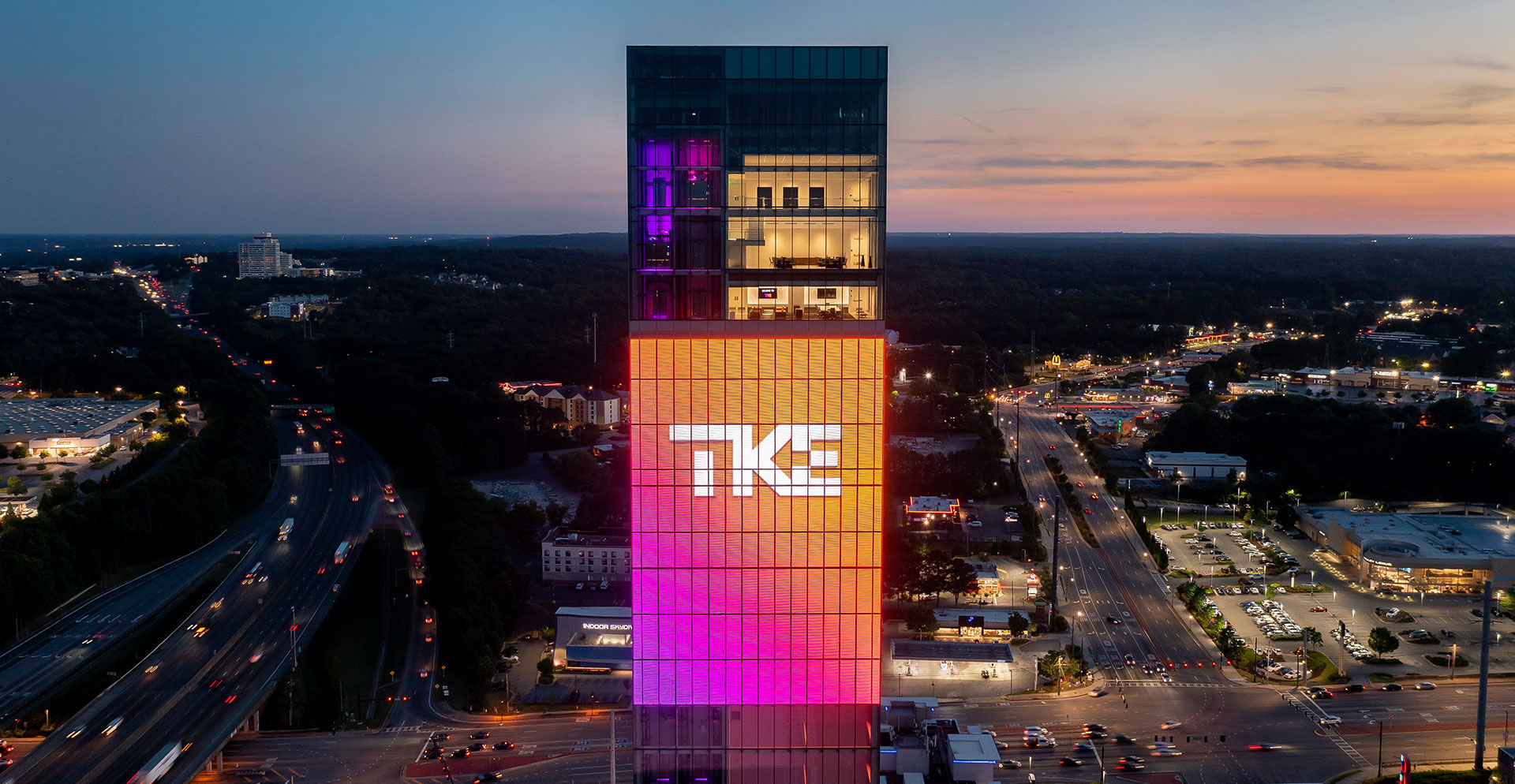 A tall building with lights.