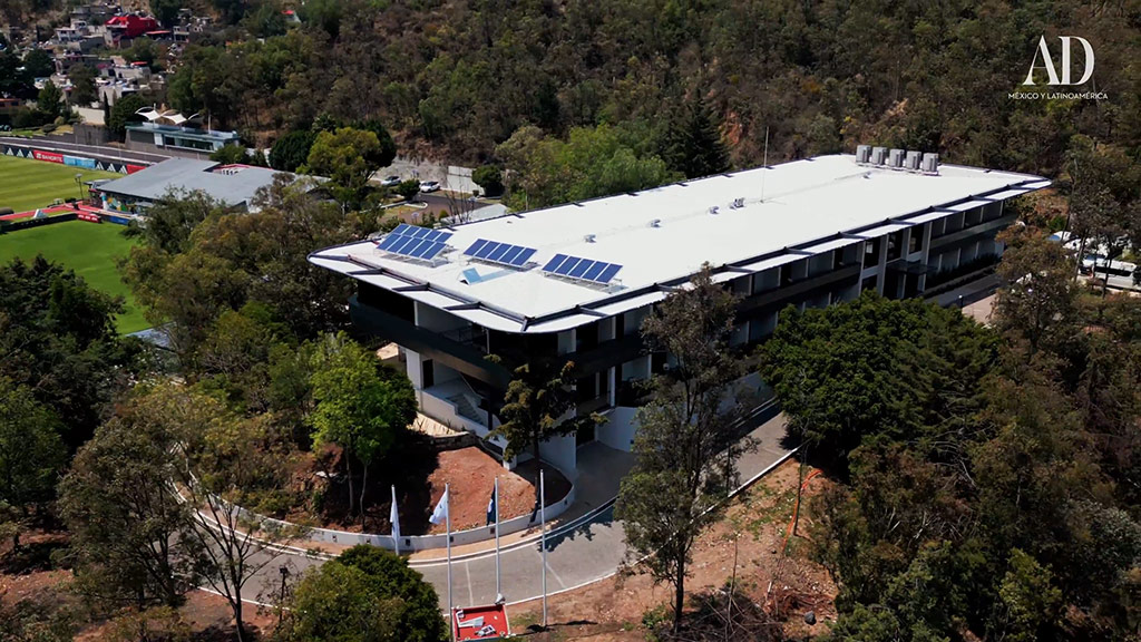 A building with a parking lot.