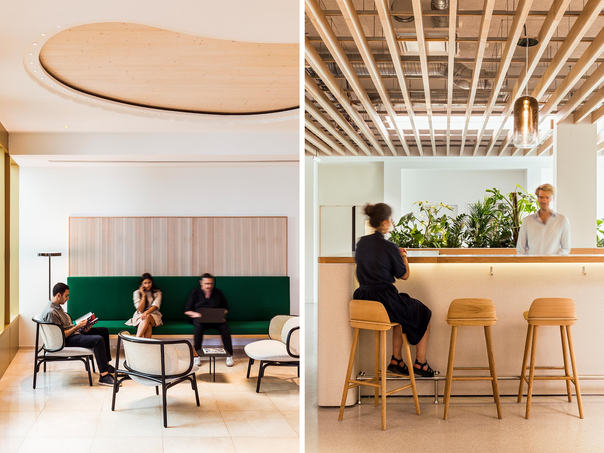 Side-by-side of 22 Bayard workplace cafe-style seating with biophilia