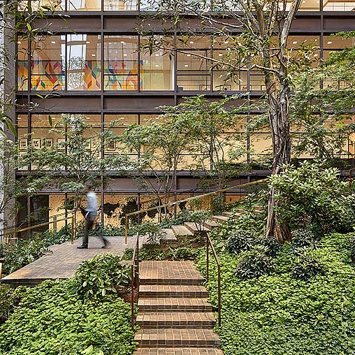A person walking up a flight of stairs to a building.