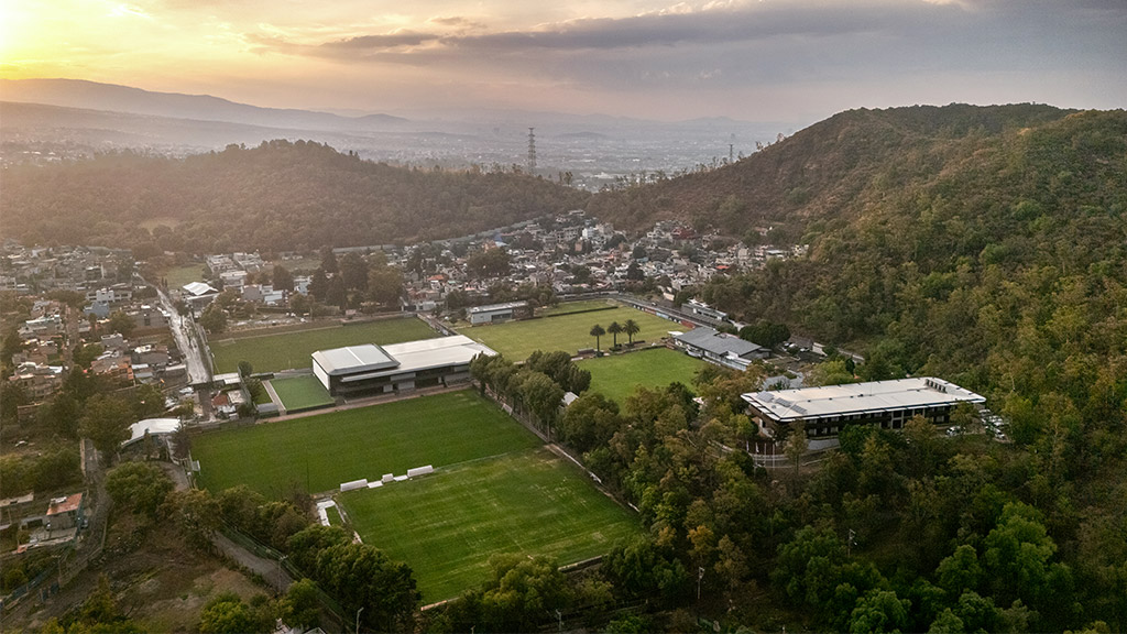 A landscape with buildings and trees.