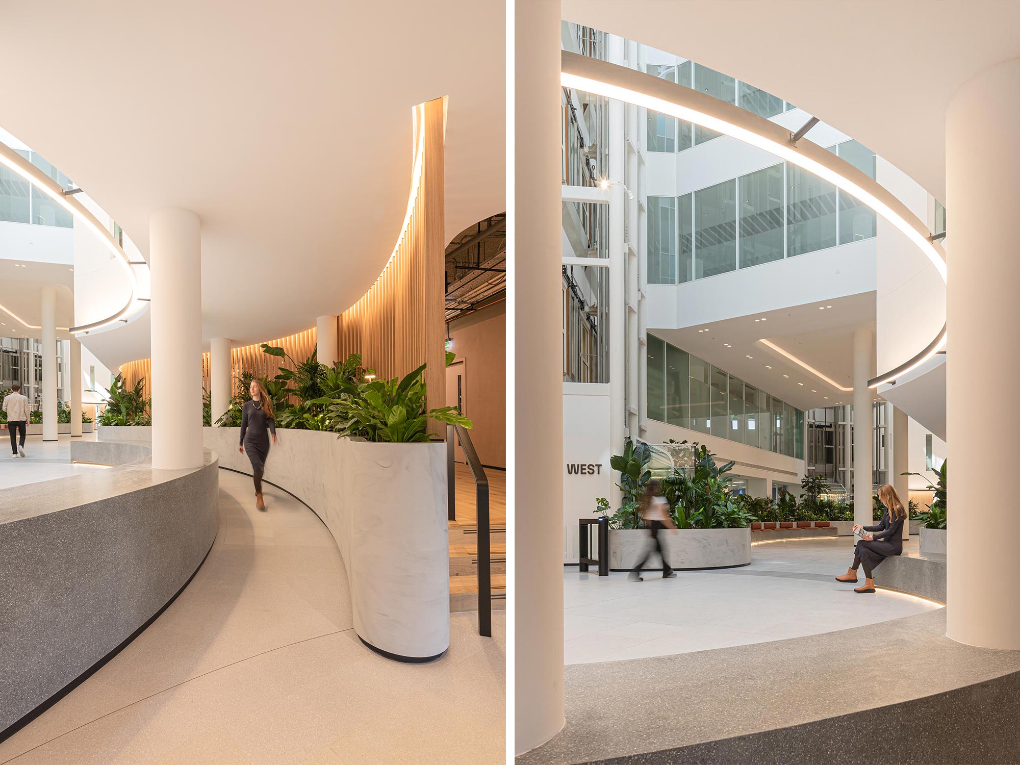 Side-by-side of The Ark building lobby with biophilia