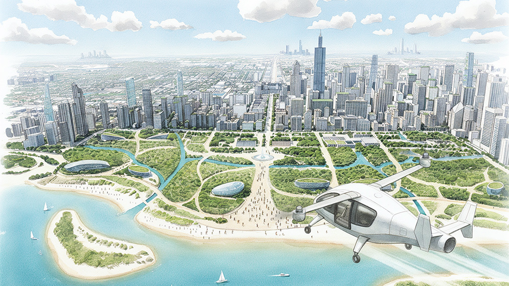 A helicopter flying over a city.