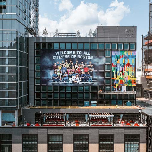 A large building with a large screen.