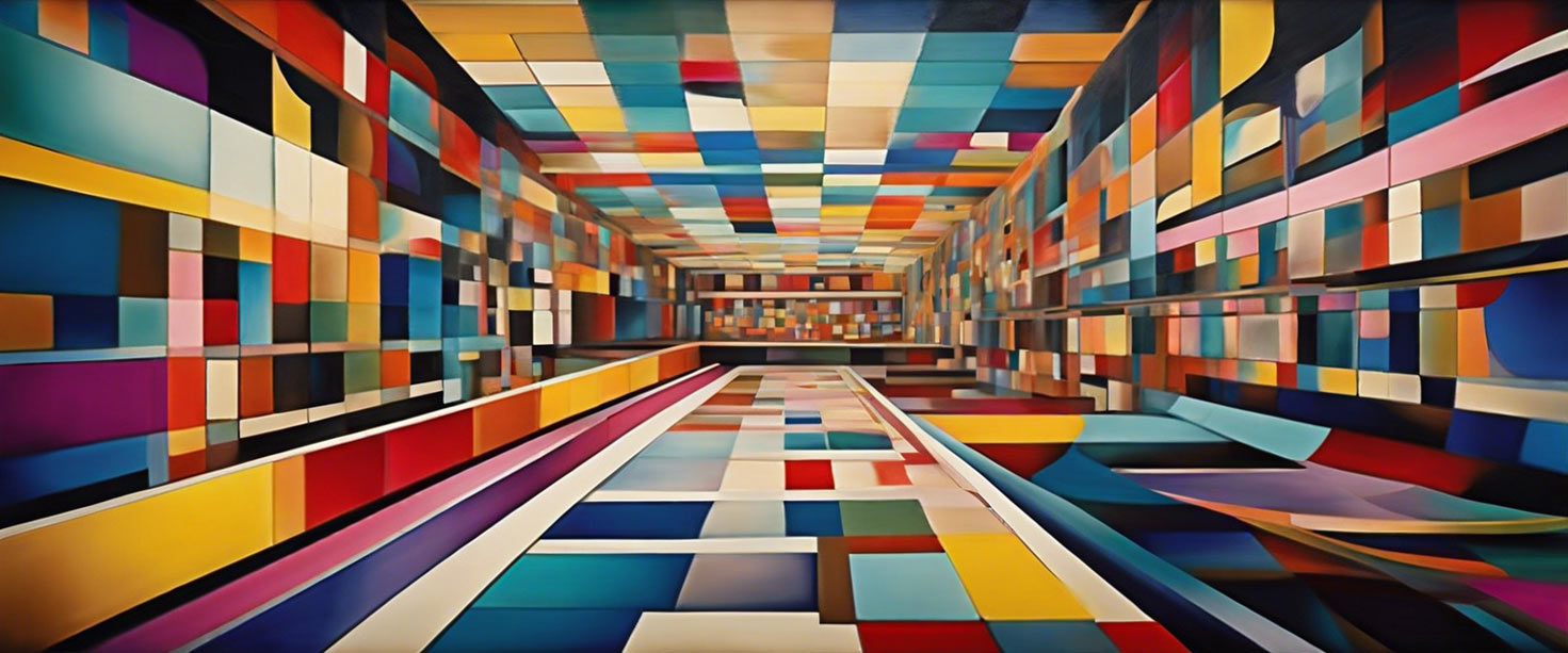 A colorful hallway with a light.