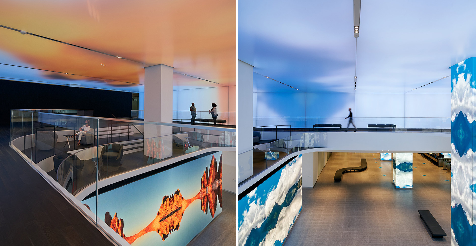 A building with a glass wall and a large glass wall with people.