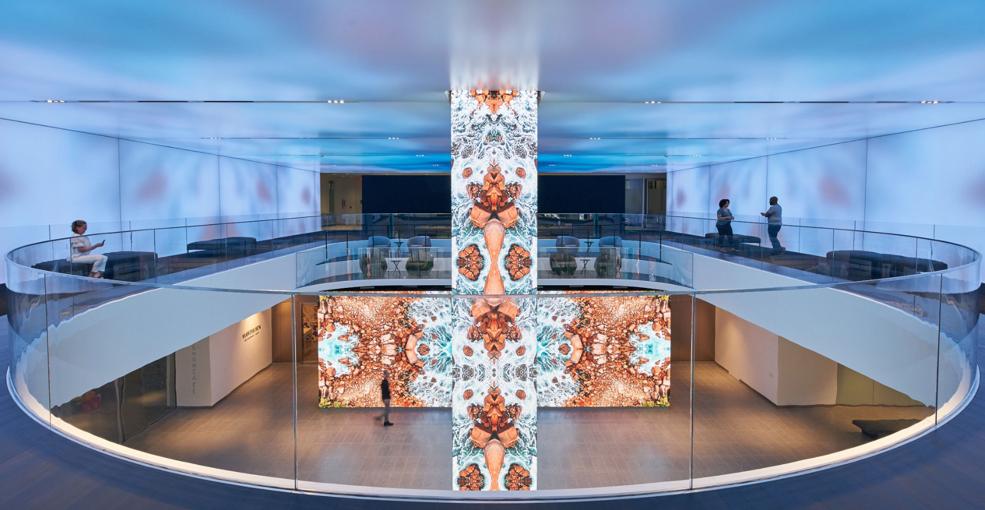 A building with a large glass wall.