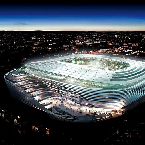 Benito Villamarín Stadium aerial rendering at night