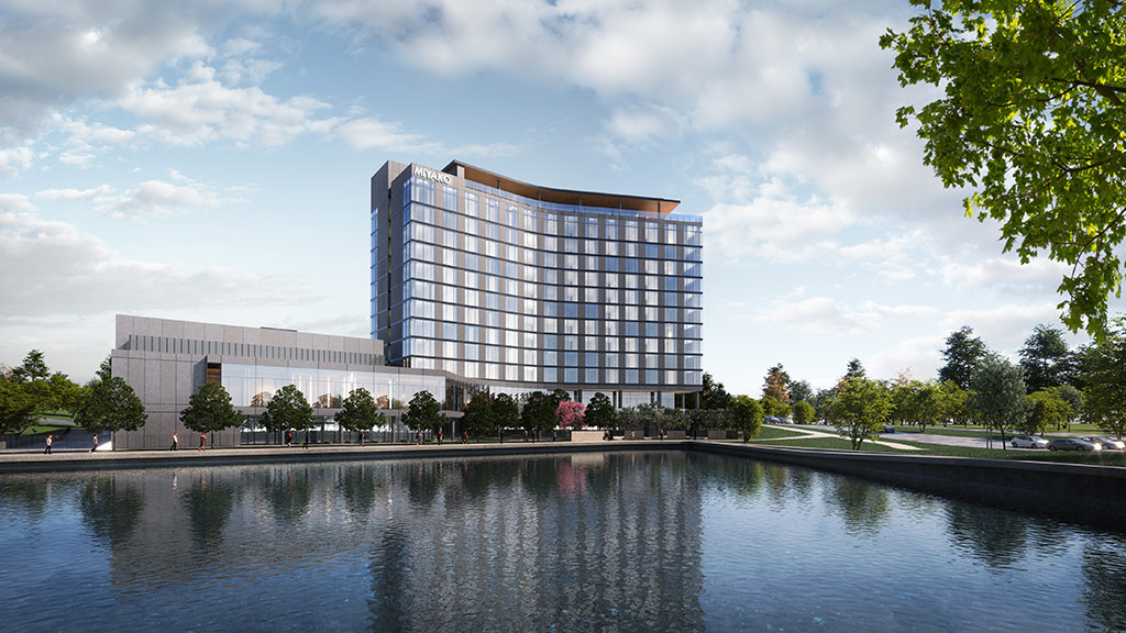 Miyako Hybrid Hotel Plano rendering with body of water in foreground