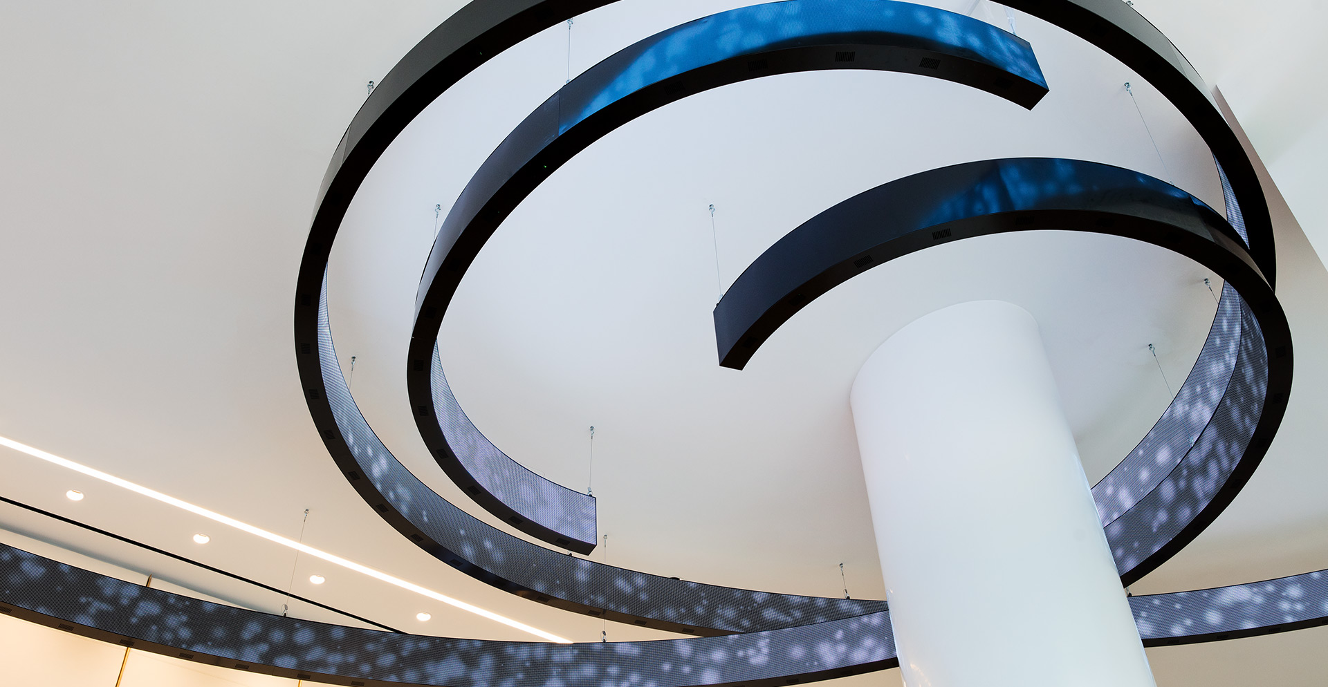 A group of white and blue circular objects.