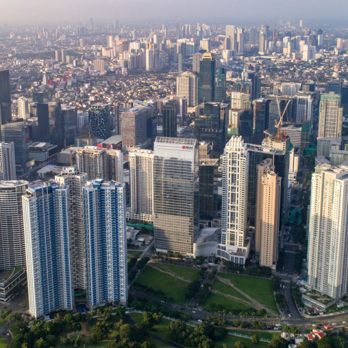 A city with tall buildings.