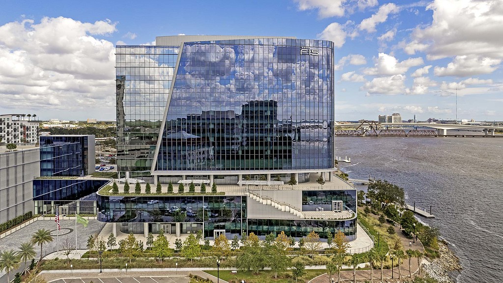 A building with a glass front.