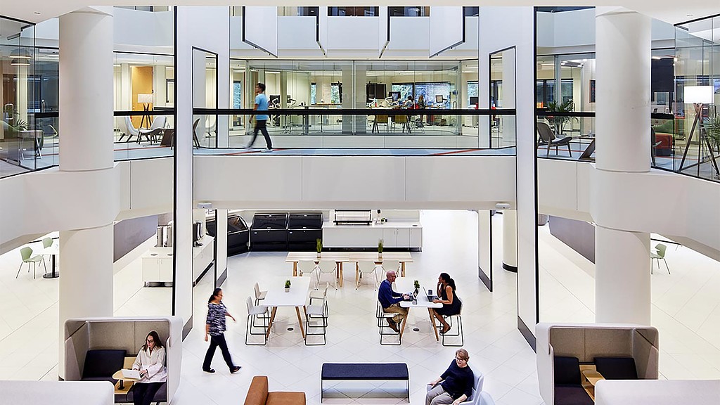 A high angle view of people in a building.