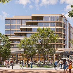 A building with people walking around.