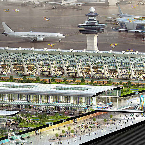 An aerial view of an airport.