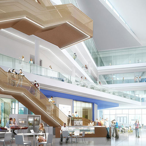 A group of people in a building.