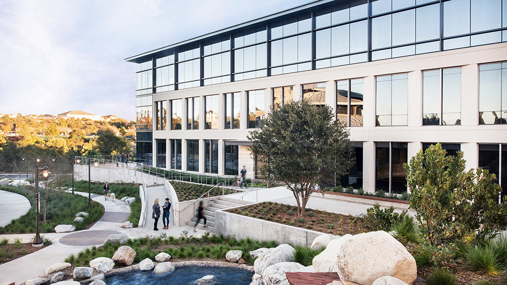A building with a glass front.