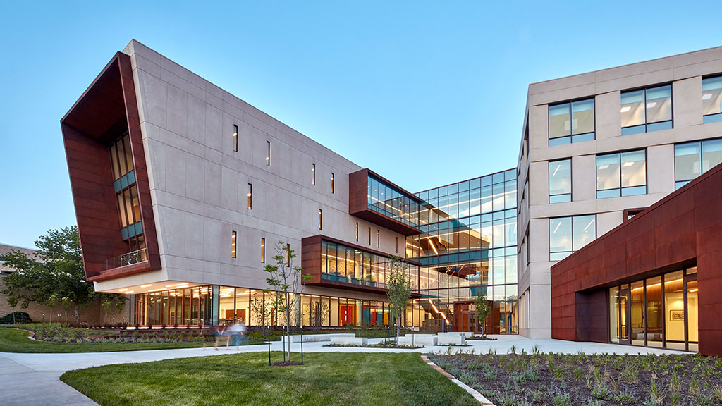 A building with a glass front.